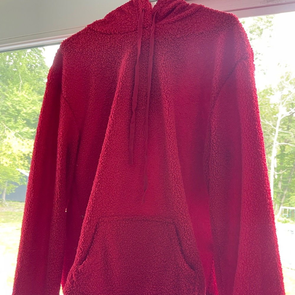 Red sweatshirt, fuzzy.